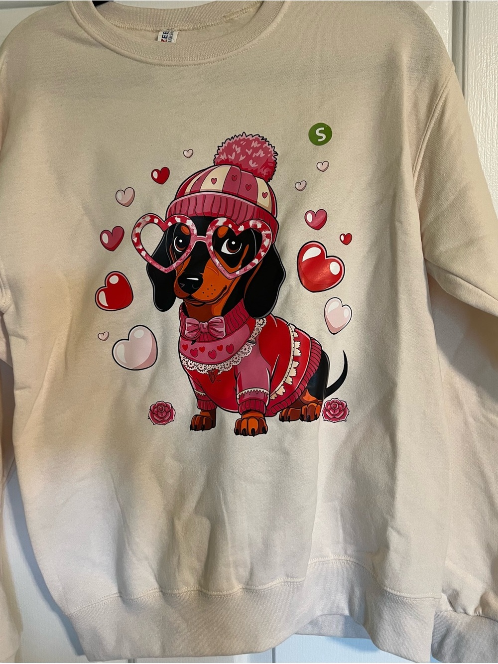 Jerzees Cream Sweatshirt with Pink & Red Dachshund Graphic
